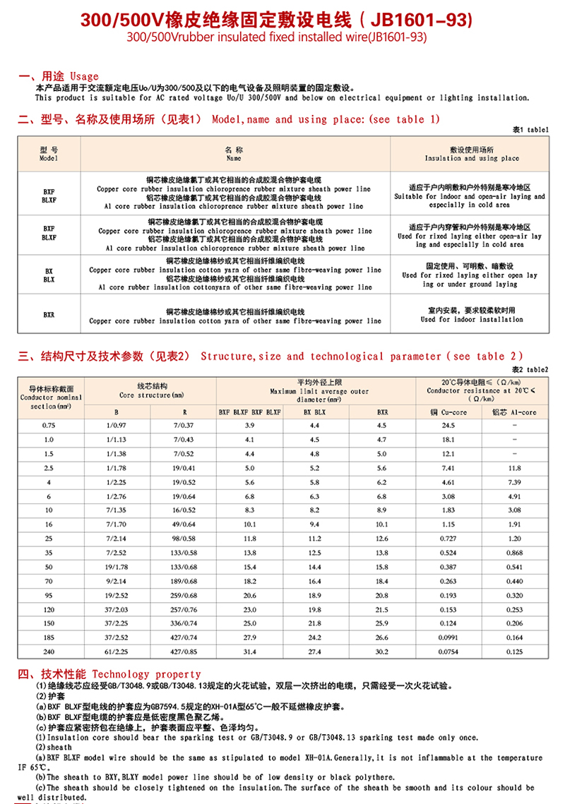 橡皮绝缘固定敷设电线